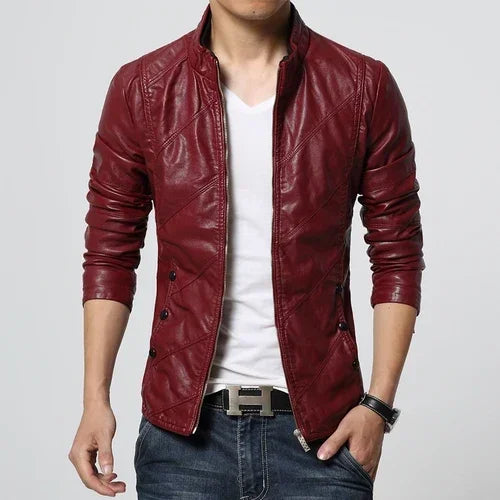 Bonsir New Mens Fashion PU Leather Jacket Men Stand Collar Slim Biker Jacket High Quality Men Coat Solid Color Leather  Jacket