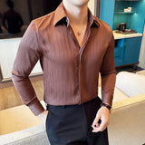 Bonsir Luxury Korean Pleated Stripe Shirts For Men's High Quality Long Sleeve Slim Fit Casual Shirt Formal Social Party Tuxedo 4XL-M