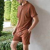 Bonsir New Casual Pure Color Waffle Two Piece Suits Men Summer Stand Collar Short Sleeve T-shirt And Shorts Mens Suits Fashion Outfits