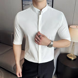 Bonsir High Quality Metal Buttons Decor Half Sleeve Shirts Summer New Men Slim Fit Casual Social Business Blouse Homme