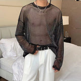 BONSIR  -  Tops Mens Sexy Transparent Glitter Mesh T Shirts Fashion Long Sleeve O Neck See Through Basic Tops Men Streetwear Tees