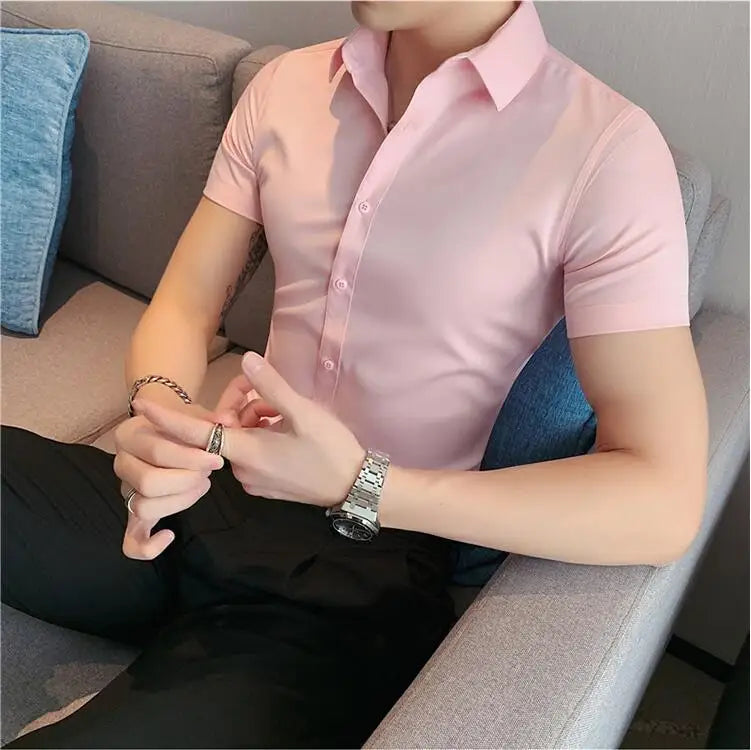 Bonsir Summer Men Fashion Casual Short Sleeve Solid Shirt Super Slim Fit Male Social Business Dress Shirt Brand Men Casual Dress Blouse