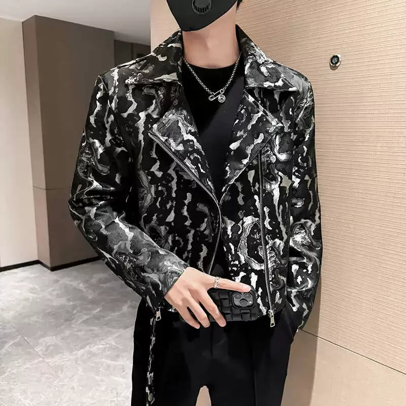 Bonsir High Quality Ink Painting Jacquard Locomotive Jacket Autumn New Fashion Zipper Coat  Nightclub Club Social Men's Jackets