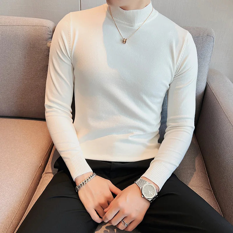 Bonsir Autumn Winter Half High Neck Sweater Men Solid Warm Knitwear Pullover High Quality Long Sleeve Slim Fit Elasticity T Shirt