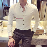 Bonsir Fashion Casual Color Stripes Webbing Decoration Shirts Men's Slim Fit Casual  Long Sleeve Dress Shirt Social Chemise Homme