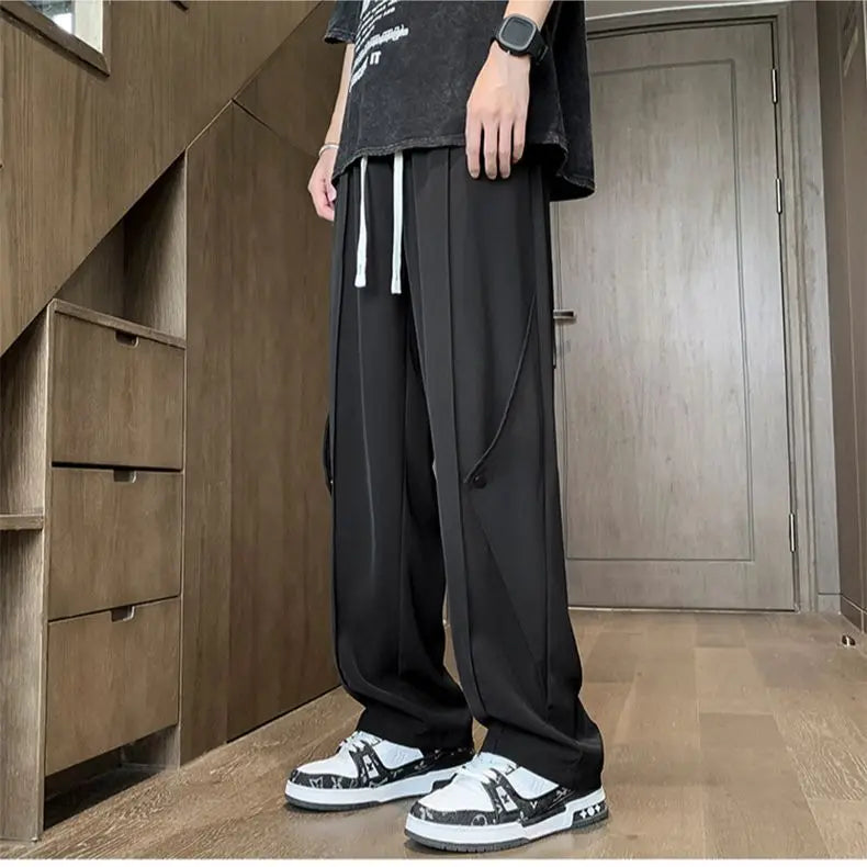 Bonsir Spring Casual Soft Solid Men Cool Boys Drawstring Waist  Long Wide-legged Floor-length Straight-legged Pants Irregularly Button