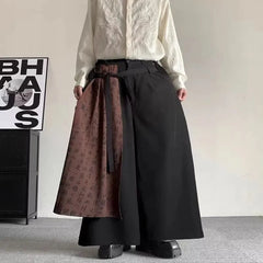 Bonsir Mens Double Layer Chinese Calligraphy Splicing Irregular Culottes 2024 New Genderless Waist Strap Loose Wide Leg Pants Unisex