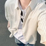 BONSIR  -  Men's Oversized Striped Casual Shirt - Korean Fashion Trend Short Sleeve Button-Down Collared Top  Stylish Layered Streetwear