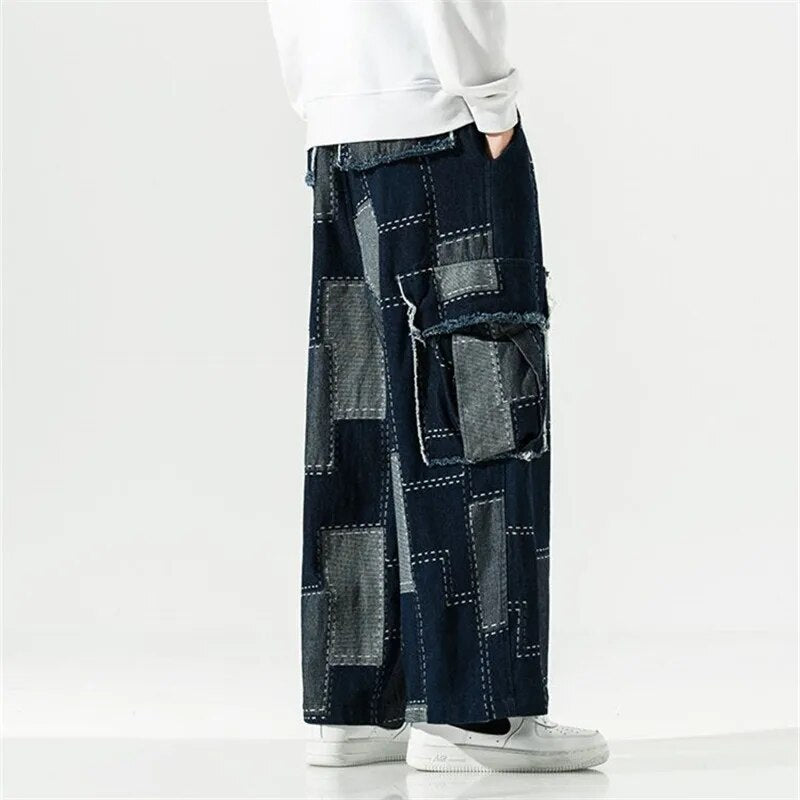 Bonsir Loose Straight Jeans Patchwork Cargo Big Pocket Pants Japanese Harajuku Streetwear