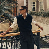 BONSIR  -  New Korean Fashion Polo Neck Men Sweater Vest Light Luxury Retro Business Knitted Sleeveless Waistcoats Leisure Premium Knitwear
