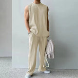 BONSIR  -  Fashion Solid Two Piece Suits Men‘s O-Neck Sleeveless Tops And Pants Outfits Men Summer New Casual Simplicity Solid Rib Sets