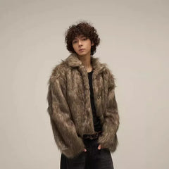 Bonsir Winter Short Thick Warm Brown Hairy Soft Faux Fur Coat Men with Turn-down Collar Long Sleeve Fluffy Jackets