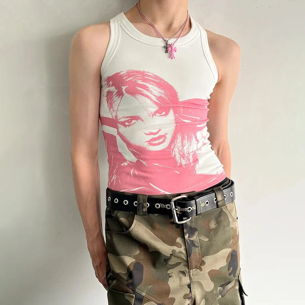 Bonsir Mens Elastic Tight Y2k Graffiti Cotton Blend Vest Pink Genderless Nightclub Sexy Simple Breathable Fashion Couple Vest Unisex