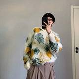 BONSIR  -  Korean style knitted pullover sweater men's trendy pineapple jacquard round neck top casual loose lazy style men's clothing