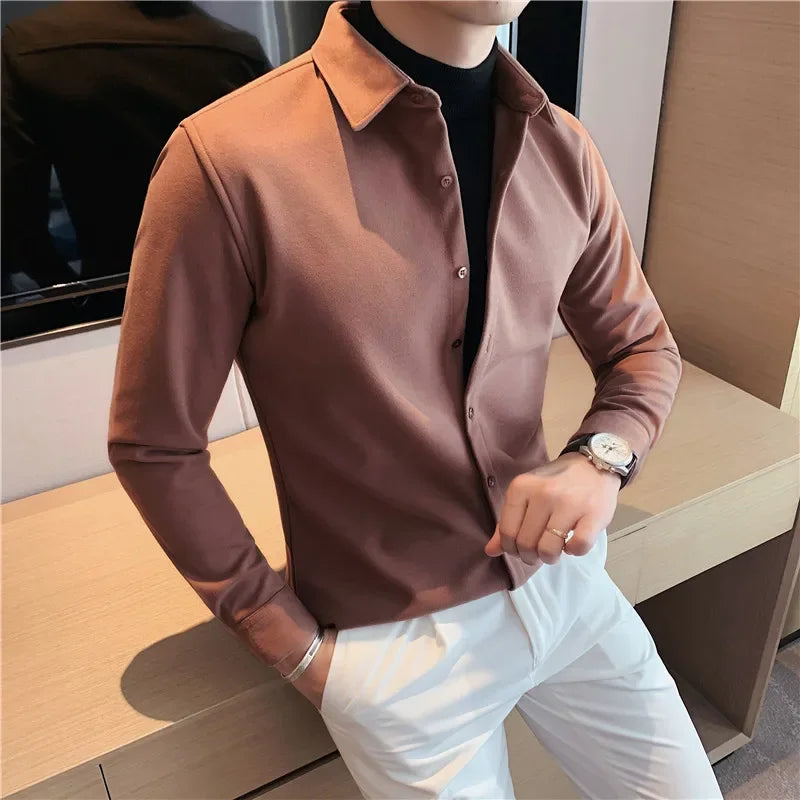 Bonsir Autumn Winter New Fashion Fake 2 Pieces Shirts Men Woolen Thicken Long Sleeve Slim Casual Shirt Formal Social Warm Blouses