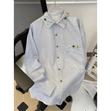 BONSIR  -  Japanese Striped Men's Long Sleeved Shirt Embroidered Thin Loose Coat Spring Autumn Casual Single Breasted Male Clothing
