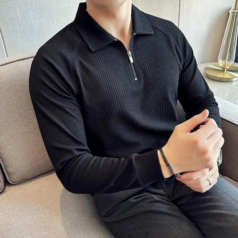 Bonsir Men's Half Zip Polo Shirt Spring Autumn Long sleeved V Neck T-shirt Elastic Thickened Casual Business Tee Coats Streetwear 4XL-M