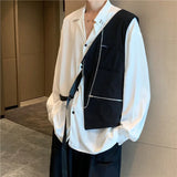 BONSIR  -  Shirts for Men Loose Korean High Street Casual Shirt Men Chain Vest Splicing Against Color Long Sleeve Men Clothing Top