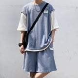 BONSIR  -  Waffle Casual Set Summer Vacation Two Piece Design Men's T-shirt Loose and Versatile Korean Sport Short Male Clothing