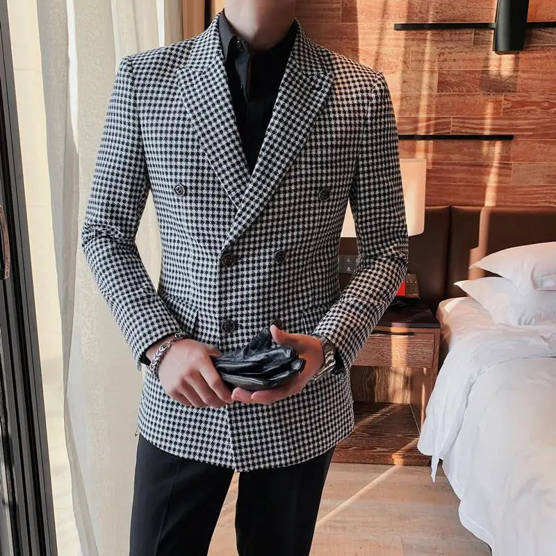 Bonsir British Style Mens Slim Fit Houndstooth Blazer Men New Simple Double Breasted Business Office Wedding Dress Suit Jacket