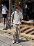 BONSIR  -  American Sle Cotton Linen Workwear Pants Men Loose Straight Leg Floor Length f Elastic Buttoned Linen Breathable Suit