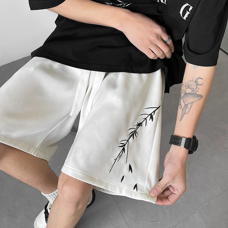 Bonsir Leaf Embroidery Casual Shorts Men Summer Basic Simple Loose Hip Hop Streetwear Chinese style Leisure Shorts White/Black 5XL-M