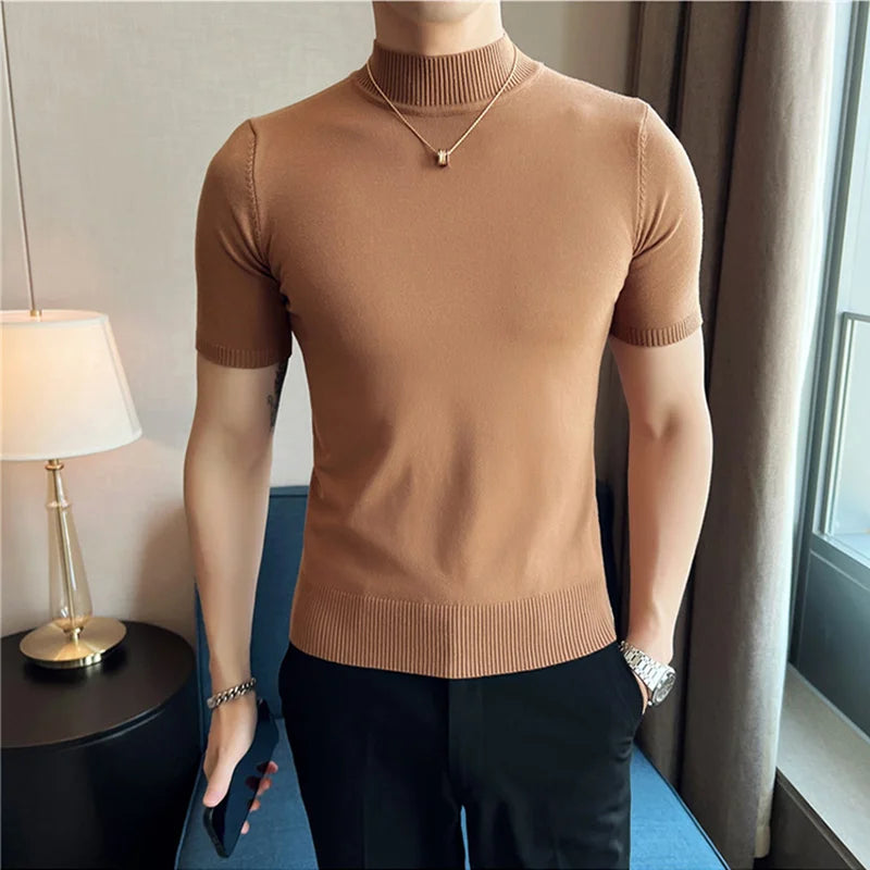 Bonsir Autumn High Quality Short Sleeve Knitted T Shirts  Men Slim Solid Pullovers Half Turtleneck Casual Stretched Tee Shirt Homme