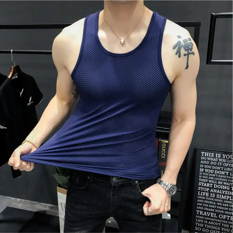 Bonsir Summer Cool Breathable Mesh Sweat Tank Vest Men Solid Color Sleeveless Round Neck Sweat Absorption Gym Men Tank Top