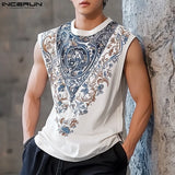 INCERUN Men Tank Tops Printing O-neck Sleeveless Summer Male Vests Streetwear 2025 Oversize Fashion Casual Men Clothing S-5XL