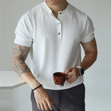 BONSIR  -  New Fashion American Style Men T-shirt Light Luxury Knitted Henry Collar Tees Casual Solid Color Short Sleeve Breathable Tops