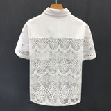 Bonsir Mens Hollow Sexy Lace Short Sleeve Casual Shirt See-Through 2024 New Genderless Fashion Versatile Youth Trend Retro Shirt Unisex