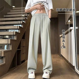BONSIR  -  Summer Fashion Thin Ice Silk Loose Straight Pants Men Solid Elastic Waist Drawstring Pocket Casual Ventilate Wide Leg Trousers