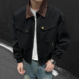 BONSIR  -  American Style Men Jacket Contrast Color Turn-down Collar Patchwork Washing New Autumn Silhouette Loose Male Coat 24K5356