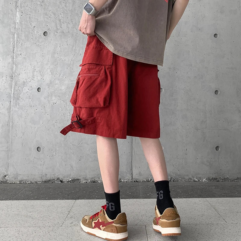 Bonsir Cargo Shorts Men High Street Loose Cozy Summer Multi Pockets Knee-length Solid Drawstring Japanese Style Classic Slouchy Daily