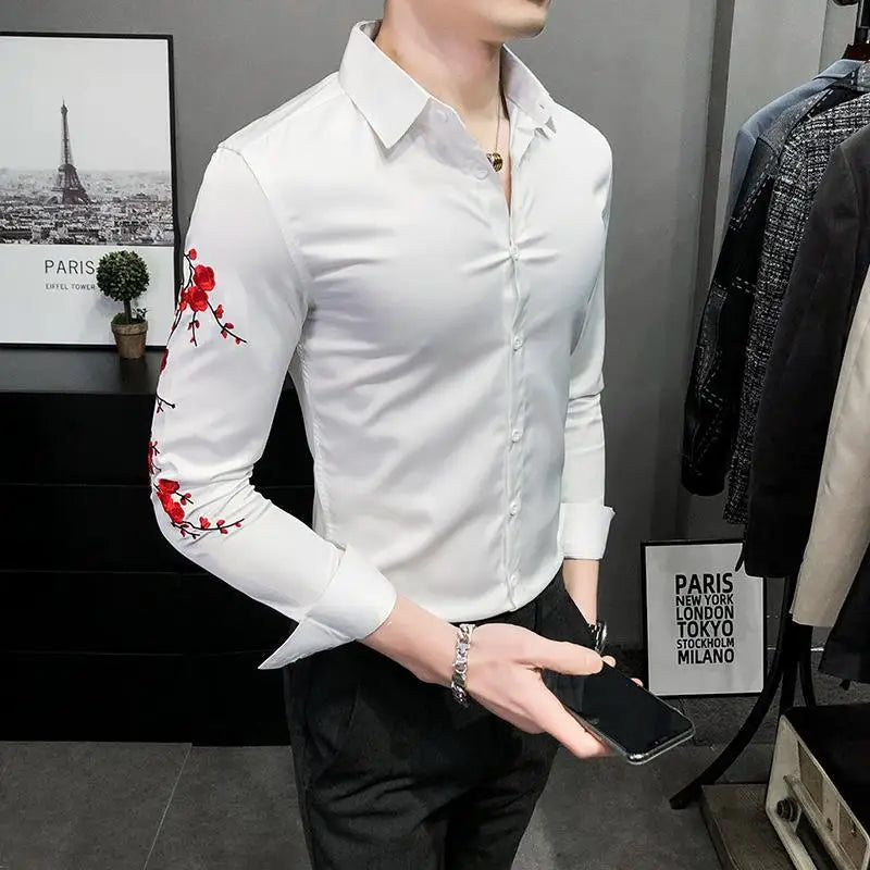 Bonsir Spring Slim Floral Embroidery Long-sleeved Men's Shirts Harajuku Y2K Korean Casual Fashion Trend POLO Collar Tops Male Clothes