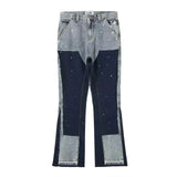 Bonsir High Street Spliced Speckled Ink Micro Flare Pants for Men Cleanfit Casual Washed Baggy Straight Denim Trousers Y2K Jeans