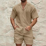 BONSIR  -  New Summer Men's Casual Daily Outdoor Travel Solid Jacquard Lapel Short-sleeved Shirt Drawstring Shorts Two-piece Set