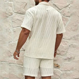 BONSIR  -  New Summer Men's Casual Daily Outdoor Travel Solid Jacquard Lapel Short-sleeved Shirt Drawstring Shorts Two-piece Set