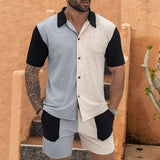 BONSIR  -  Leisure Breathable Knitted Outfits For Men Summer Short Sleeve Loose Shirt And Shorts Two Piece Sets Mens Casual Knitting Suits