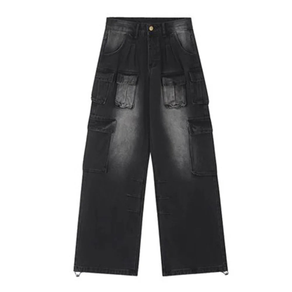 Bonsir Summer American Street Fashion Design Wide Leg Workwear Pants Unisex High Quality Loose Straight Washed Vintage Style Jeans