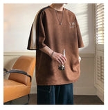 BONSIR  -  Korean Y2k Suede T-shirt Men Striped Short Sleeve Letter Printing T Shirts Summer Hip-hop Loose Round Neck Tops Couple Clothes