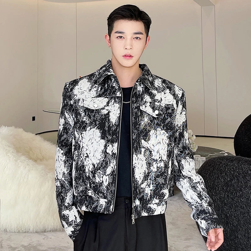 Bonsir Fashion Lapel Printed Elegant Casual Short Jacket Men's 2024 Spring Trendy High Quality Street Korean Luxury Coat