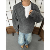 BONSIR  -  Korean version solid color v-neck sweater men's winter gray high-end loose casual lazy versatile knitted top
