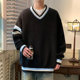 BONSIR  -  Preppy V-neck Sweater for Men Couples Pullovers Ins Knitted Top Autumn Korean Trendy Loose-fit Line Clothes for Students Youth