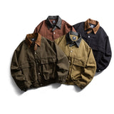 BONSIR  -  PU Leather Splicing Jackets Mens Streetwear Harajuku Cotton Casual Coats Oversized Vintage Large Pockets Cargo Jacket Male