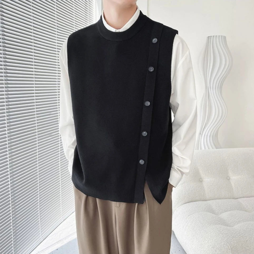 Bonsir Men's Knitted Vest Green Sweaters Male O-Neck Buttons Slit Waistcoat Harajuku High Quality Korean Fashion Casual New in Smooth