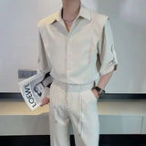 BONSIR  -  Summer Ice Silk Men's Suits Casual Short Sleeve Shirt And Pants Two-piece Set Ruffled  Handsome Draped Korean Style Loose Set