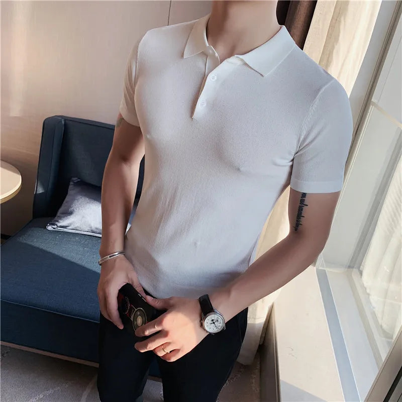 Bonsir British Style Summer Knitted Polo Shirt Solid Color Slim Fit Stretch Short Sleeve T-shirt Men Business Social Polos Streetwear