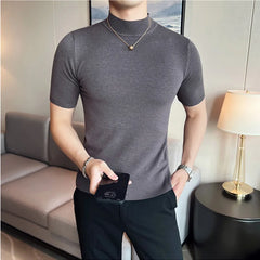 Bonsir Autumn High Quality Short Sleeve Knitted T Shirts  Men Slim Solid Pullovers Half Turtleneck Casual Stretched Tee Shirt Homme