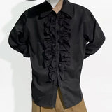 BONSIR  -  Medieval Palace Style Standing Collar Lotus Leaf Placket Long Sleeve Shirt Neutral Style Design Shirt Men's Performance Costume